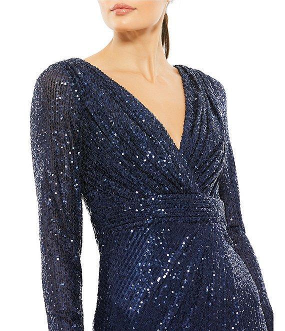Mac Duggal V-Neck Sequined Long Sleeve Sheath Dress Product Image