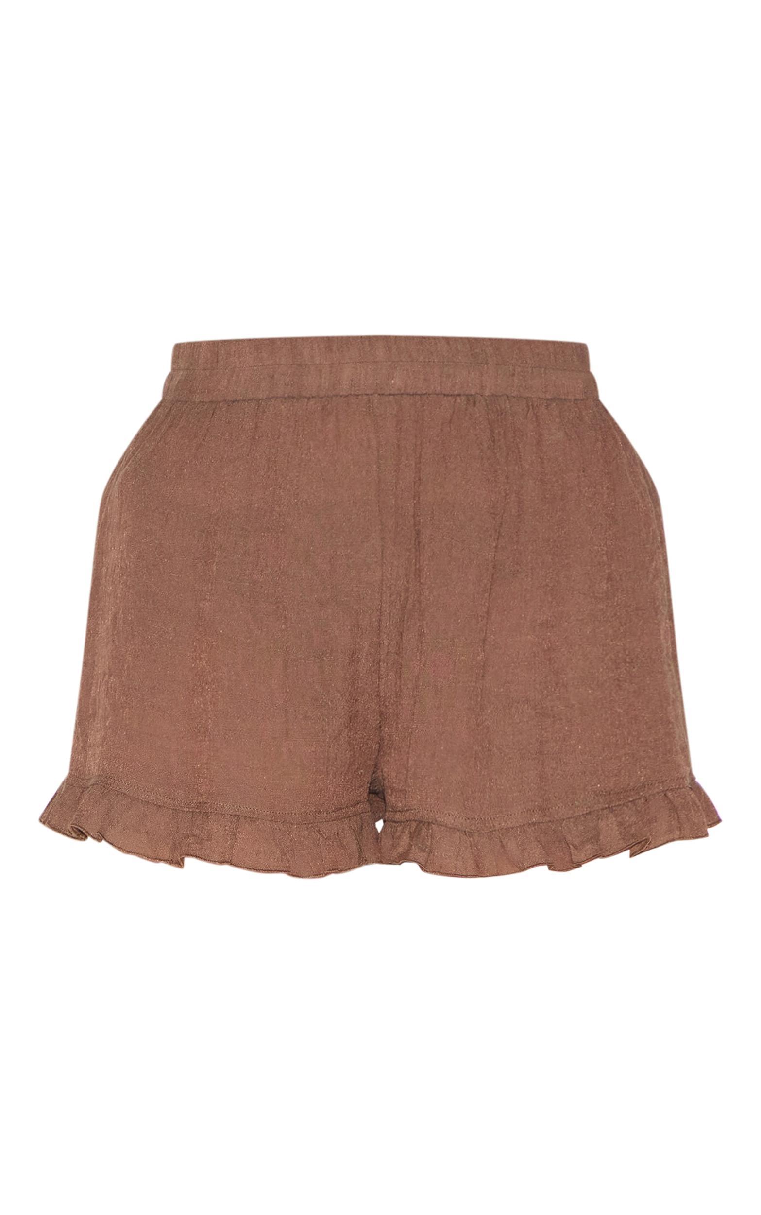 Chocolate Linen Look Frill Edge Shorts Product Image