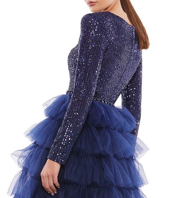 Mac Duggal Tiered Ruffle Crew Neck Long Sleeve Midi Dress Product Image
