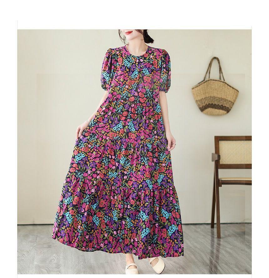 Short-Sleeve Floral Maxi A-Line Dress Product Image