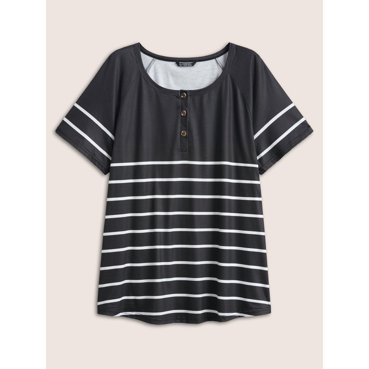 Plus Size Striped Print Raglan Sleeve Button Up T-shirt Black Women Casual Contrast Striped Round Neck Everyday T-shirts BloomChic 28/5X Product Image