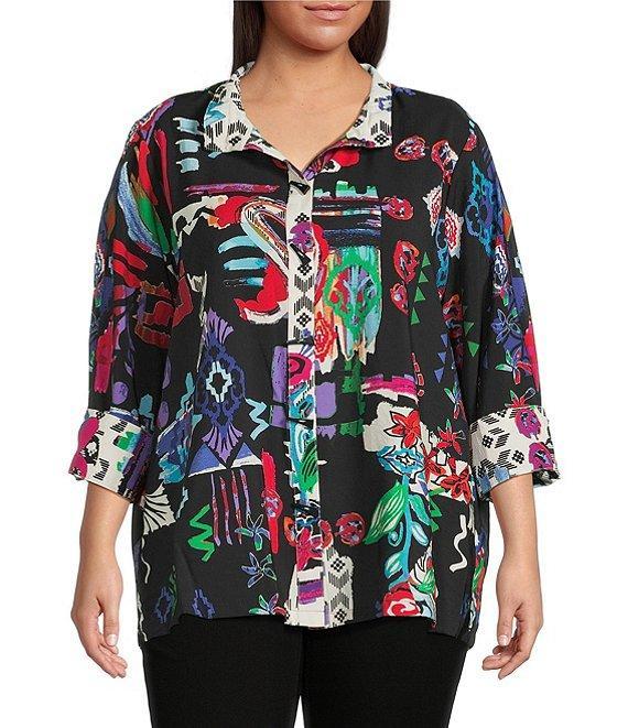 Ali Miles Plus Size Abstract Printed Woven Wire Collar 3/4 Sleeve Button Front Tunic Product Image