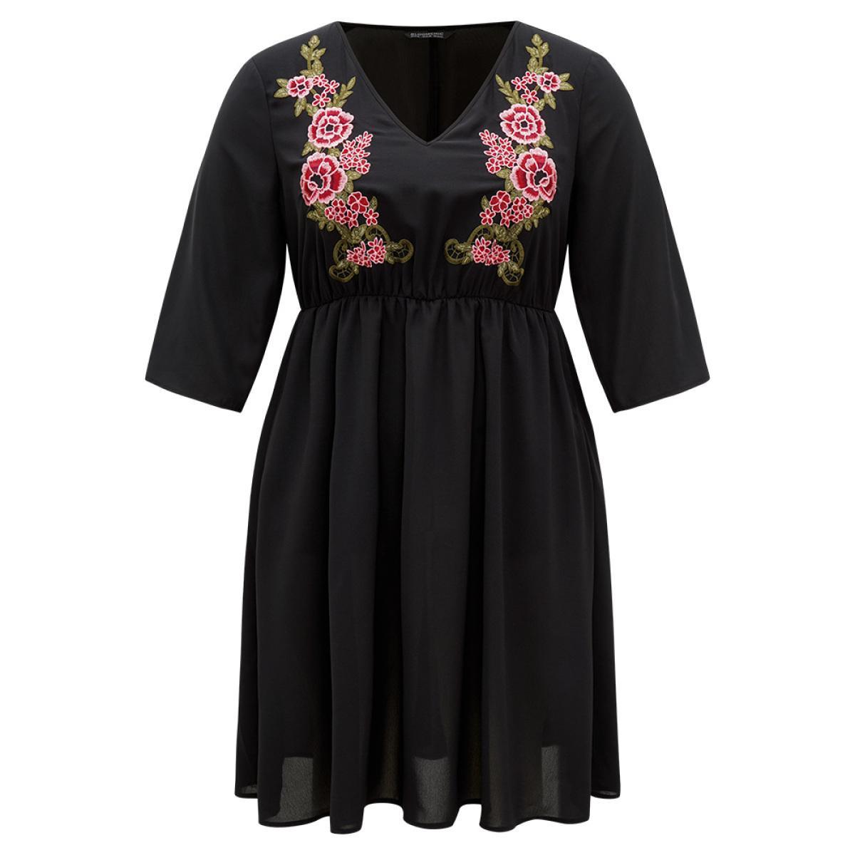 Plus Size Floral Embroidered Pocket V Neck Dress Black Women Vacation Embroidered V-neck Elbow-length sleeve Curvy Midi Dress BloomChic 14-16/1X Product Image