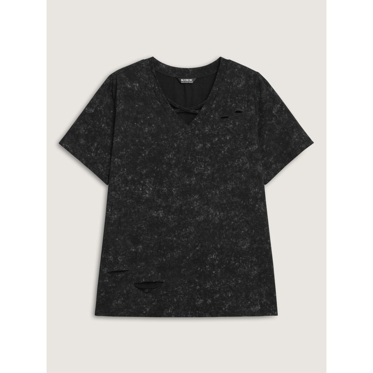 Plus Size Vintage Cut-Out Solid T-Shirt Black Women Distressed V-neck Everyday-Casual T-shirts BloomChic 18-20/2X Product Image