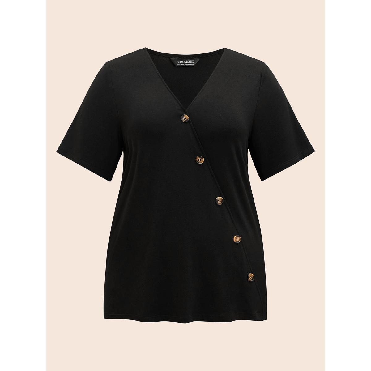 Plus Size Plain V Neck Button Detail Flutter Sleeve T-shirt Black Women Casual Plain Plain V-neck Dailywear T-shirts BloomChic 30/6X Product Image