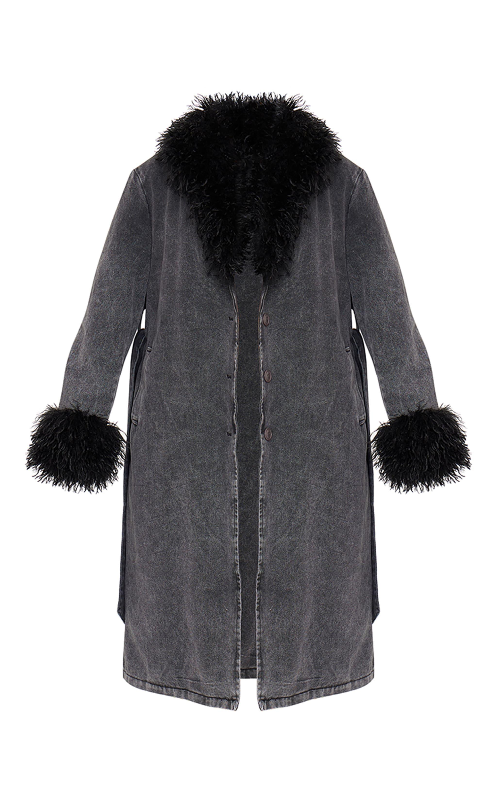 Washed Grey Faux Fur Trim Belted Trench Coat Product Image