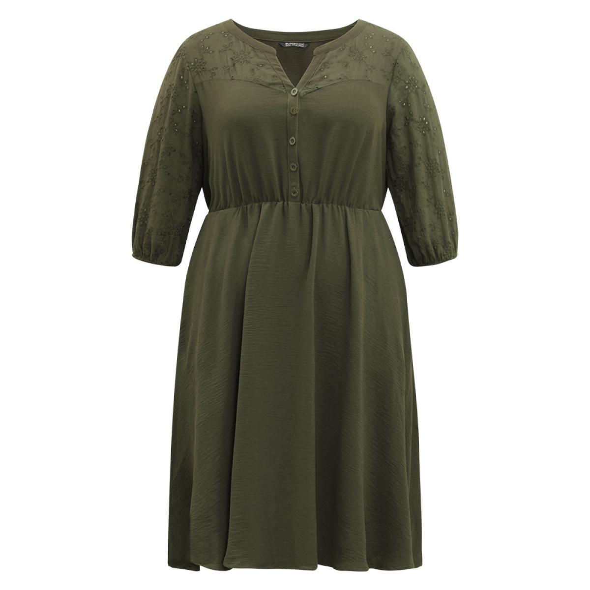 Plus Size Solid Notched Eyelet Patchwork Dress ArmyGreen Women Office Elastic cuffs Notched collar Elbow-length sleeve Curvy Midi Dress BloomChic 10/M Product Image