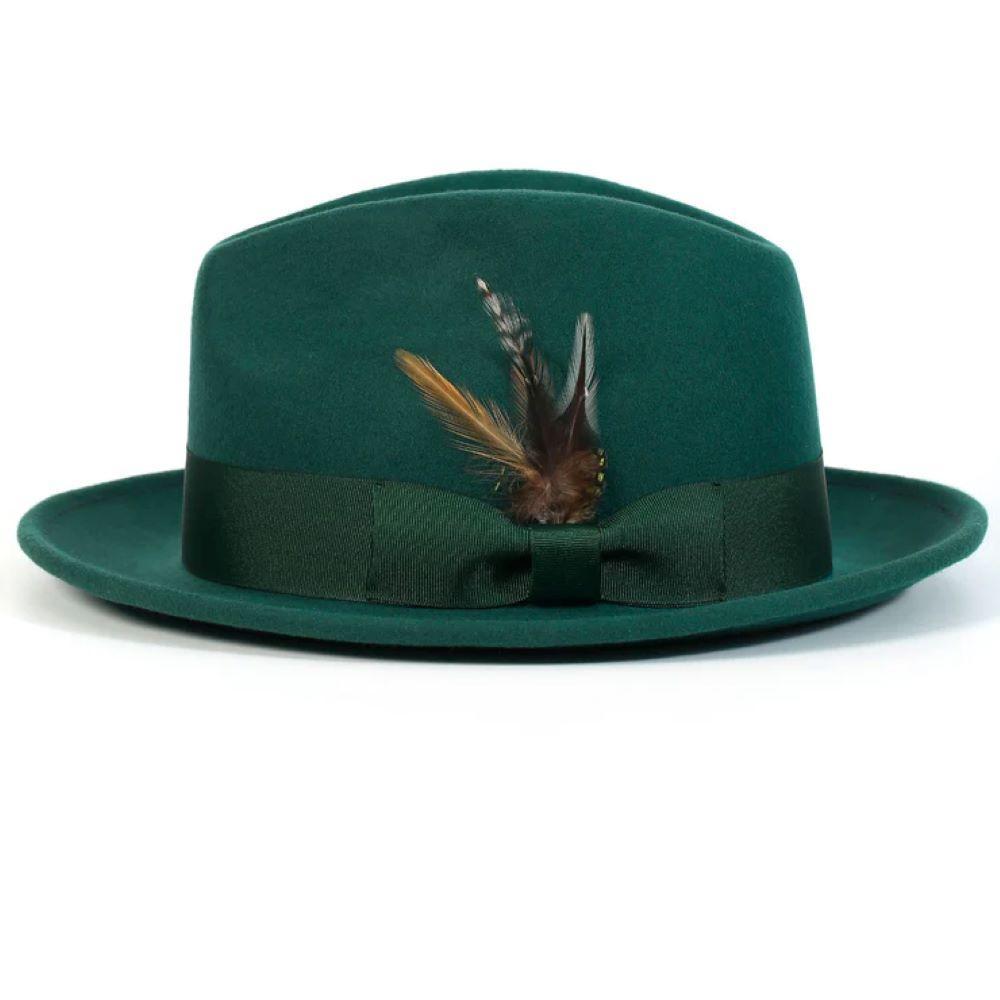 Wool Felt Fedora Pinch Front with Feather Accent in Emerald Product Image