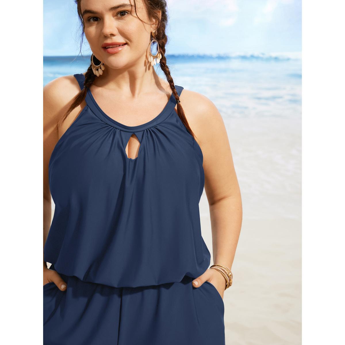 Plus Size Solid Keyhole Elastic Waist Gathered One Piece Swimsuit Women's Swimwear Stone Resort Gathered Curve Bathing Suits High stretch One Pieces BloomChic 30/6X Product Image