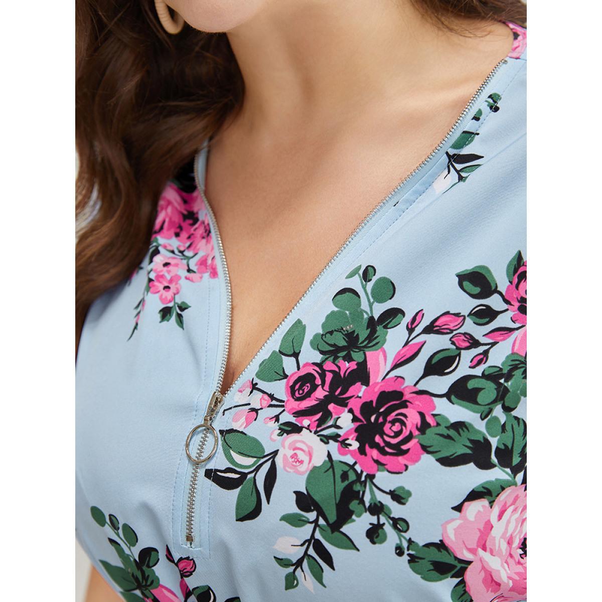 Plus Size LightBlue Floral Half Zipper Ruffle Sleeve Blouse Women Elegant Short sleeve V-neck Dailywear Blouses BloomChic 28/5X Product Image