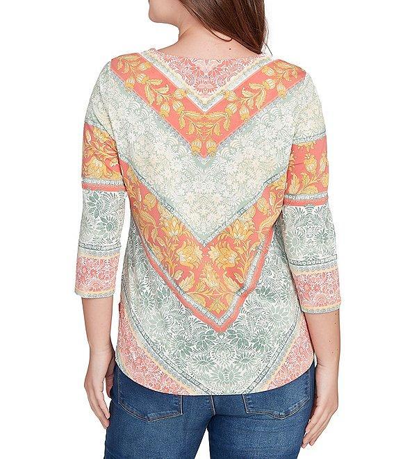 Ruby Rd. Knit Floral Chevron V-Neck 3/4 Sleeve Top Product Image