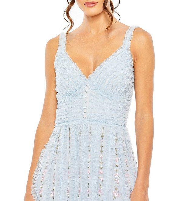 Mac Duggal V-Neck Sleeveless Floral Embroidered Ruffled A-Line Maxi Dress Product Image