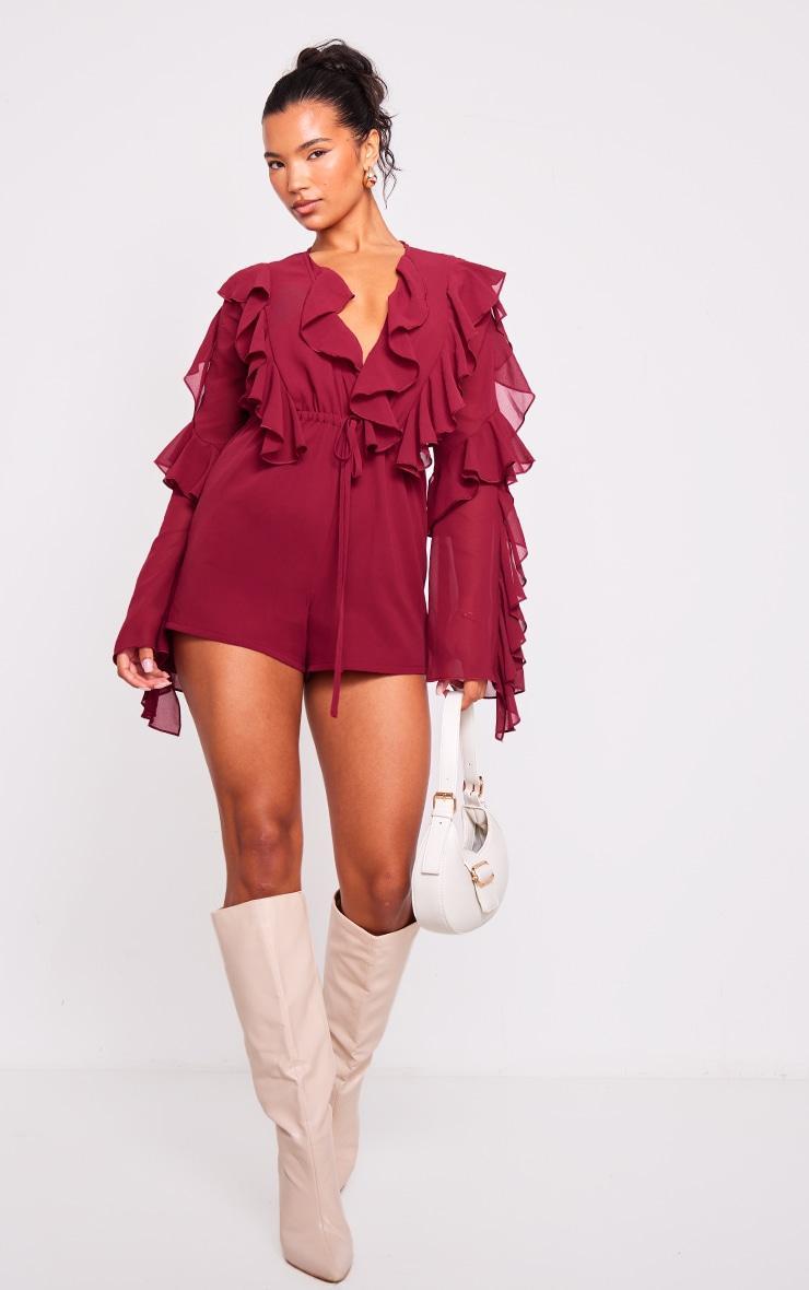 Burgundy Ruffle Detail Long Sleeve Plunge Romper Product Image