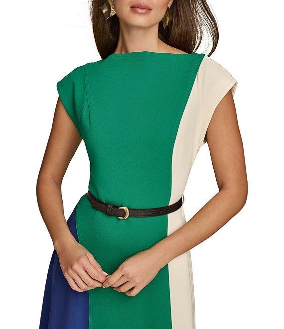 Donna Karan Color Block Boat Neck Cap Sleeve Belted Cady Crepe A-Line Midi Dress Product Image