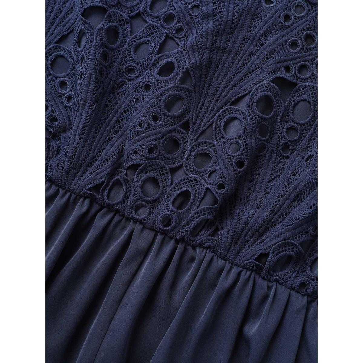 Plus Size Round Neck Lace Patchwork Ruffle Sleeve Dress DarkBlue Women Elegant Woven ribbon&lace trim Round Neck Short sleeve Curvy BloomChic 26/4X Product Image