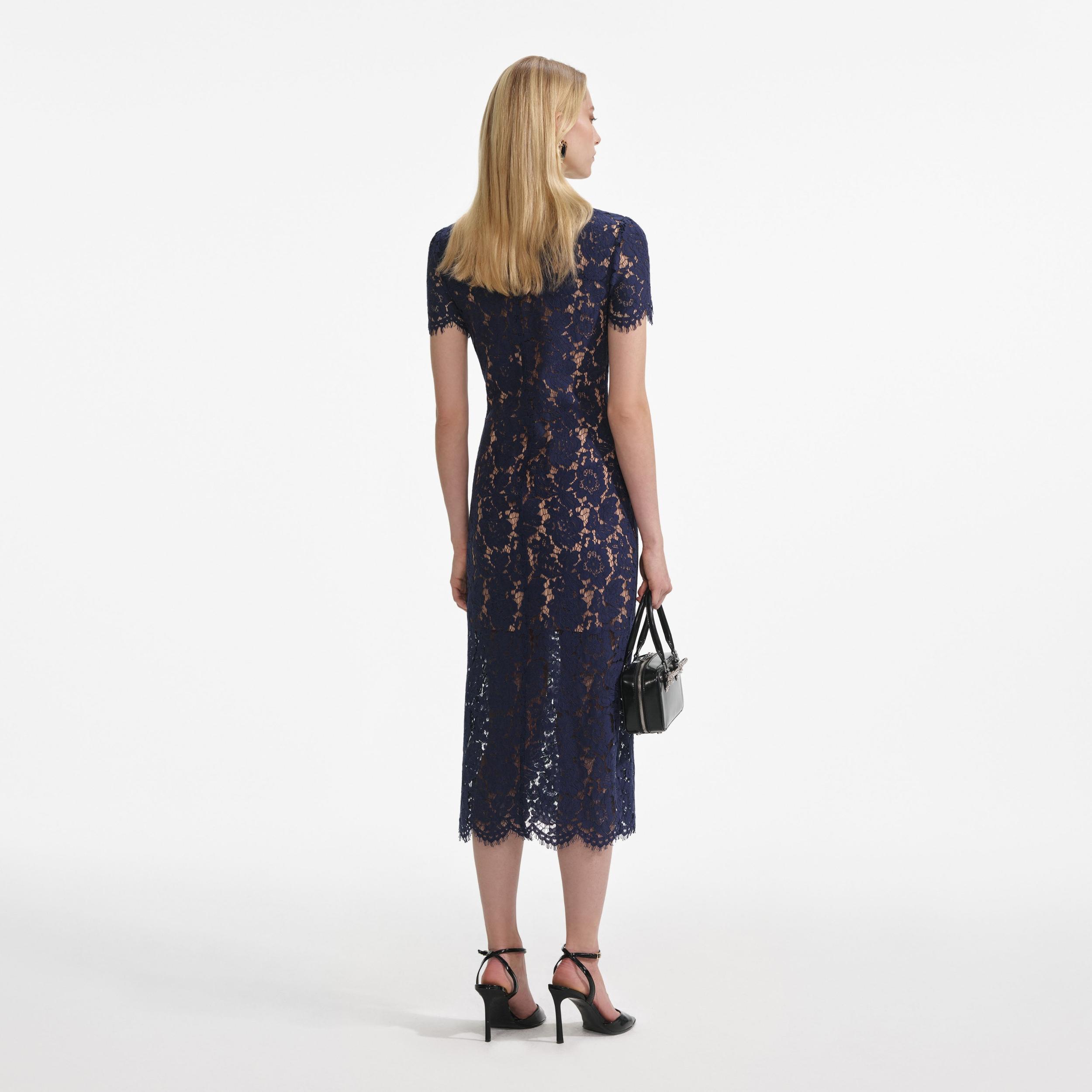 Navy Lace Contrast Collar Midi Dress Product Image