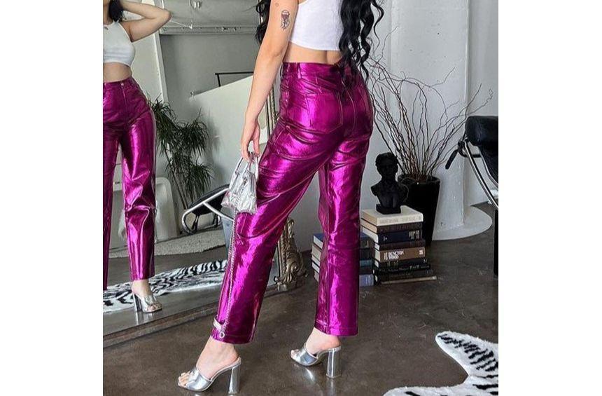 High Waist Metallic Faux Leather Straight Leg Pants Product Image