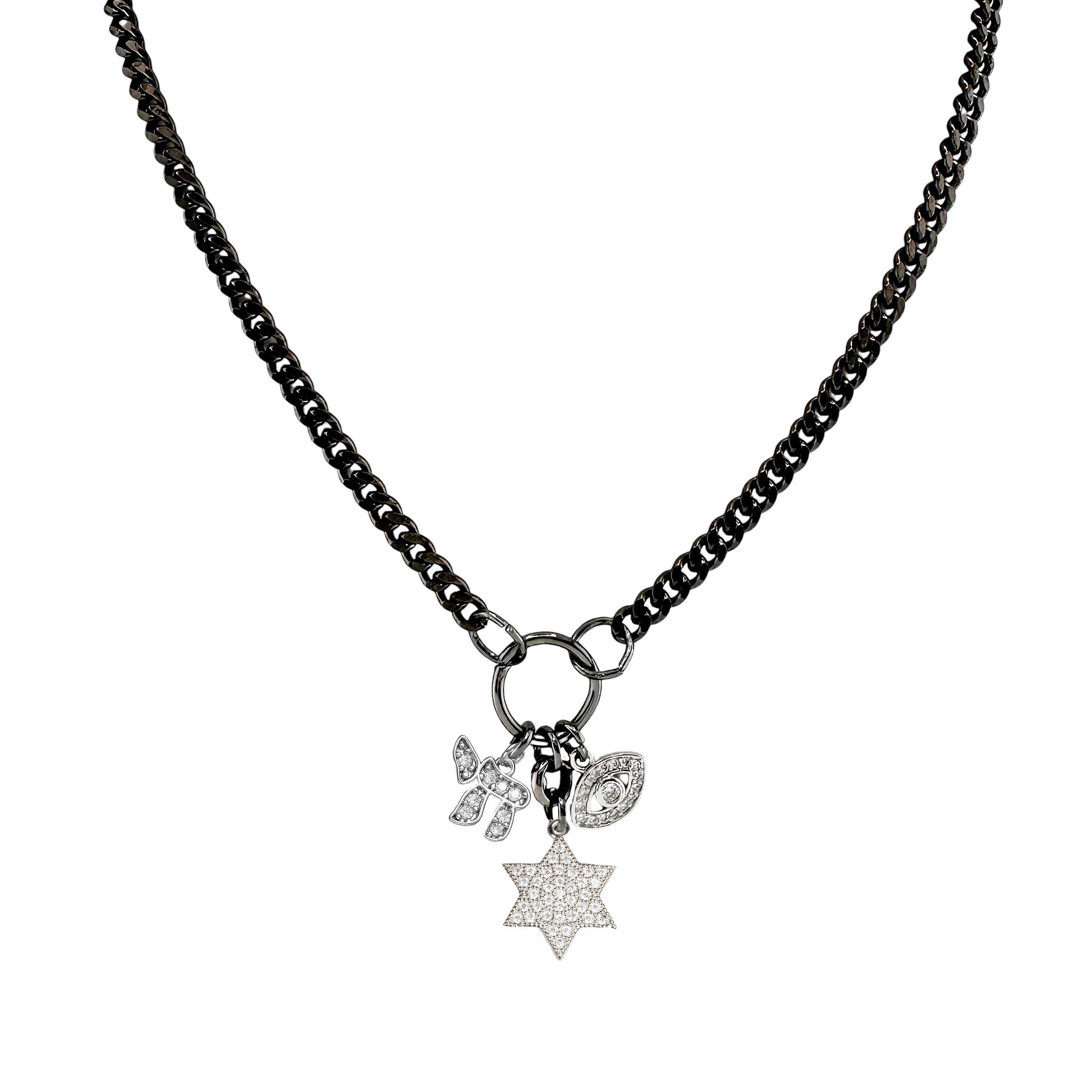 Hebrew Chai, Star of David & Evil Eye Charm Necklace Product Image