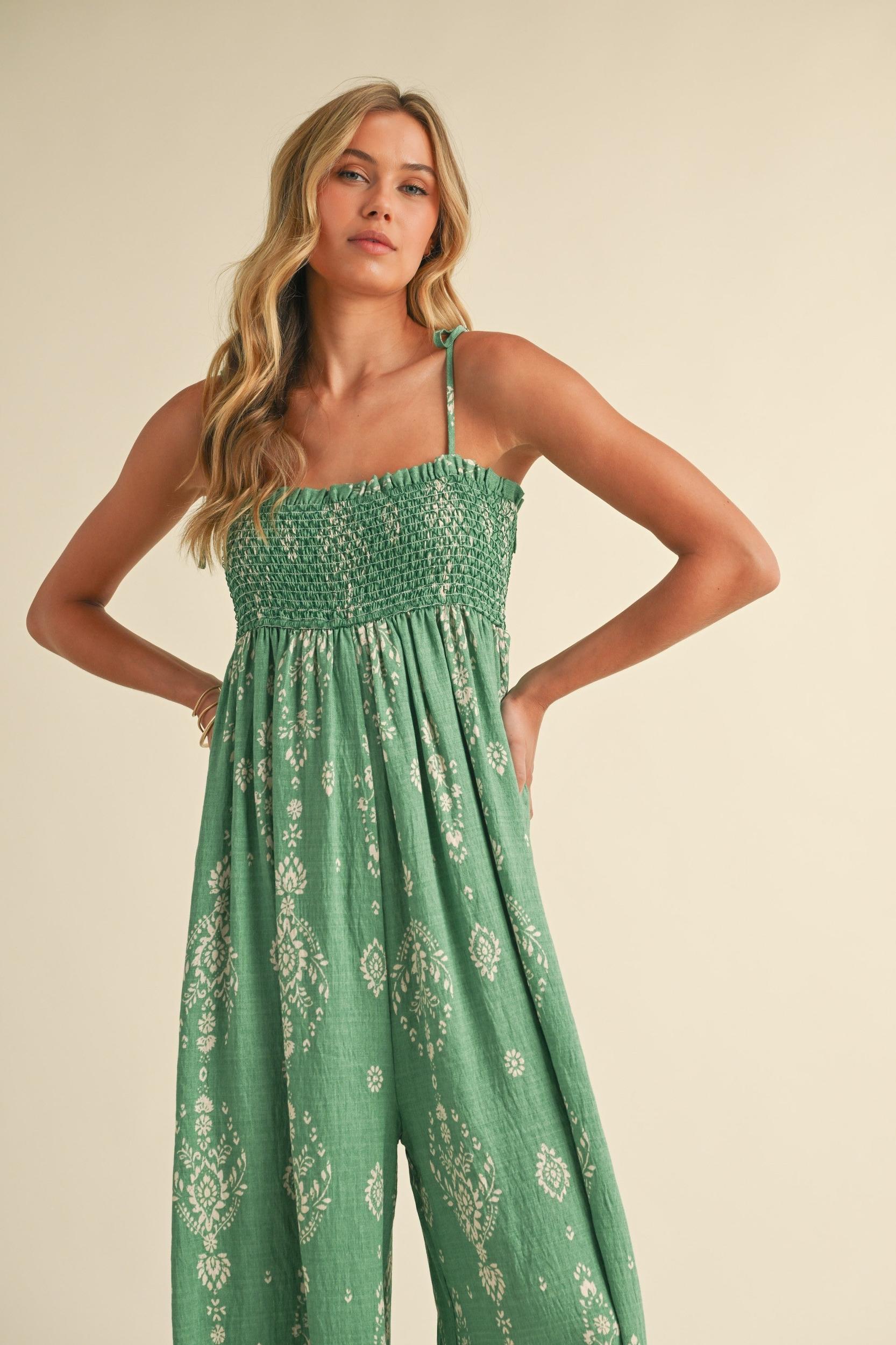 Smocked Strap Tie Wide Leg Boho Jumpsuit Product Image