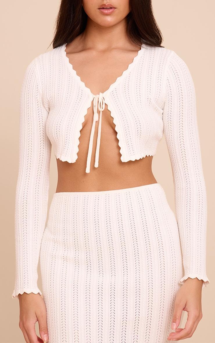 Cream Textured Crochet Knit Tie Front Top Product Image