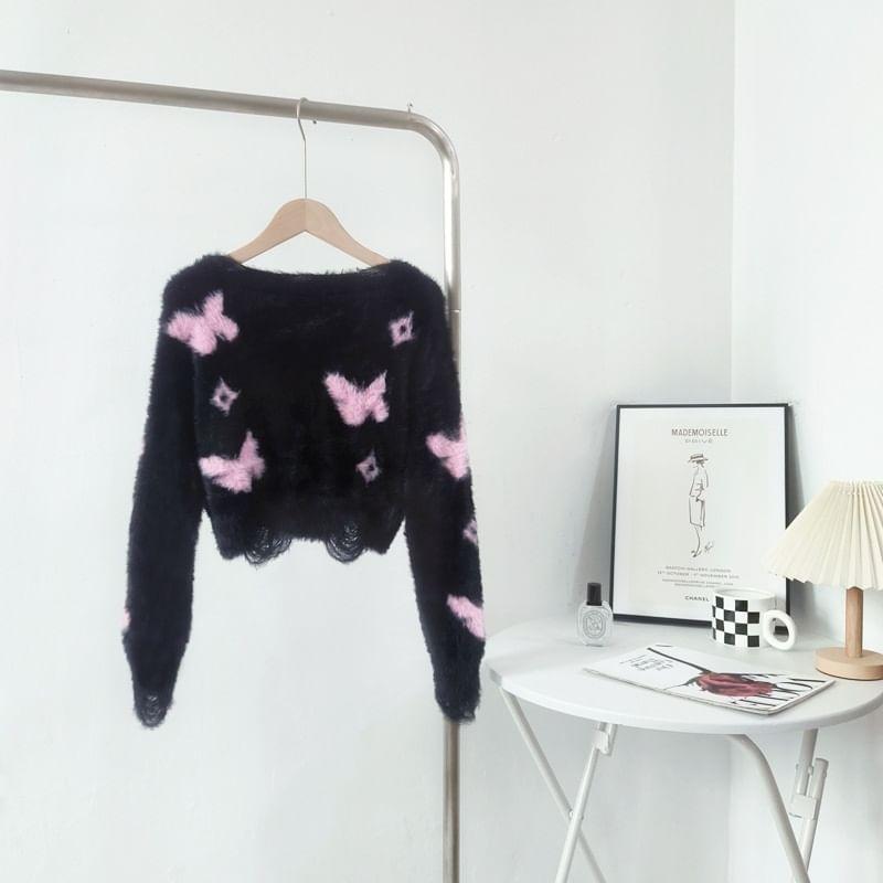 V-Neck Butterfly Print Fluffy Distressed Crop Sweater Product Image