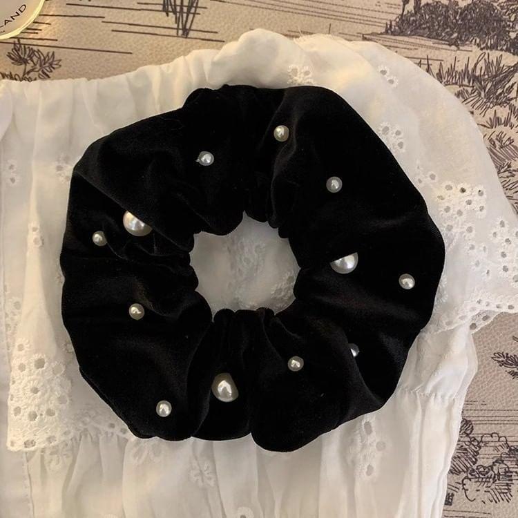 Velvet Faux Pearl Hair Scrunchie Product Image