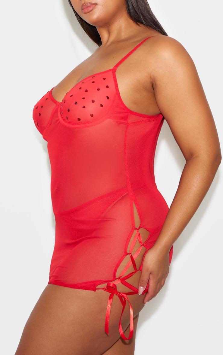 Plus Red Mesh Diamante Heart Underwired Lace Up Slip Dress Product Image
