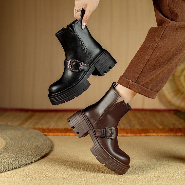 Platform Plain Buckled Genuine Leather Short Boots Product Image