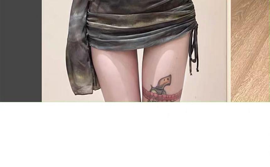 Set: Halter Print Bikini Top + Bottom + Long-Sleeve Drawstring Cover Up Top + Skirt Product Image