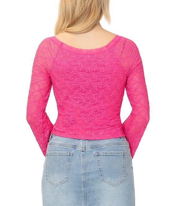 Stevie by Steve Madden Textured Stretch Lace V-Neck Long Bell Sleeve Top Product Image