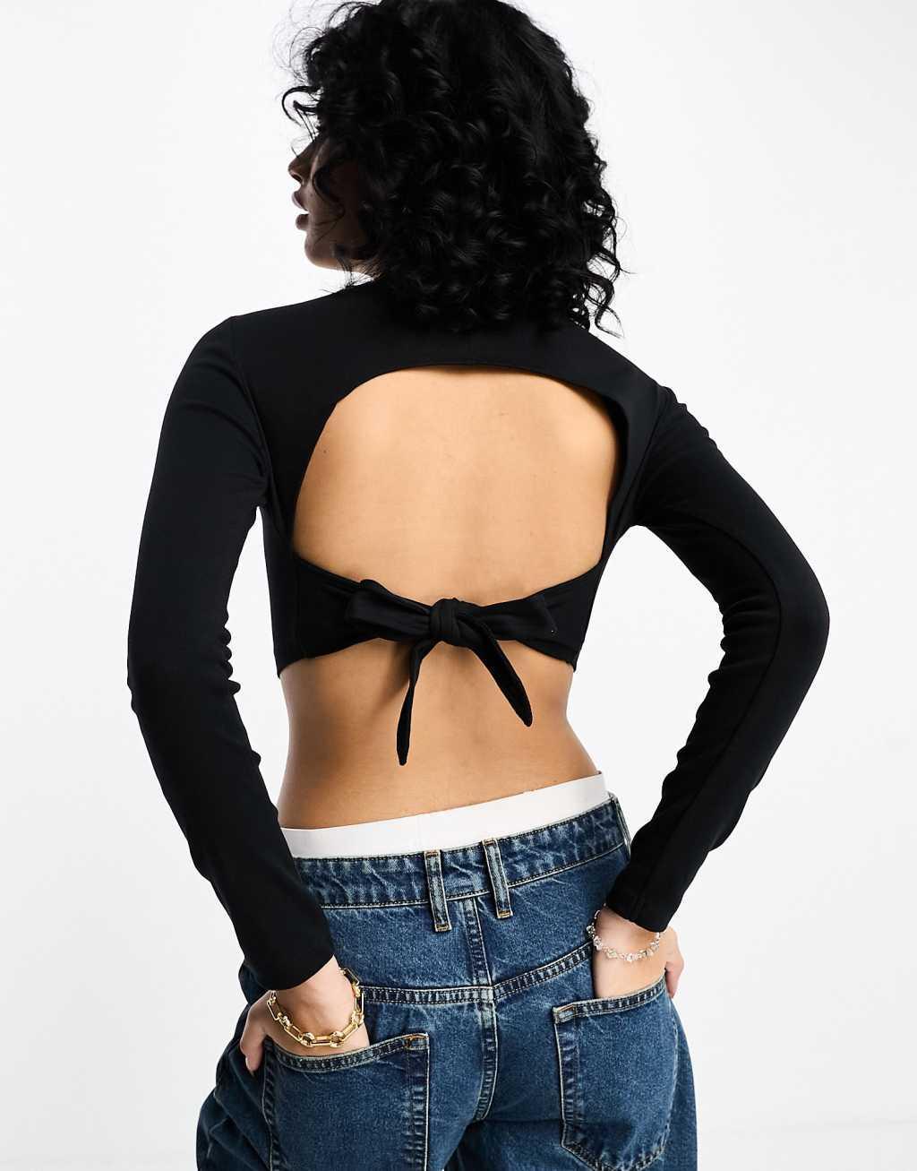 ASOS DESIGN long sleeve crop top with tie back Product Image