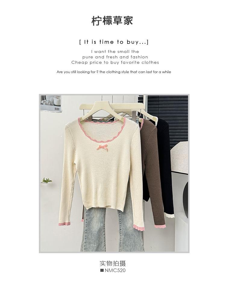 Contrasted Lace-Trim Ribbon Knit Top Product Image