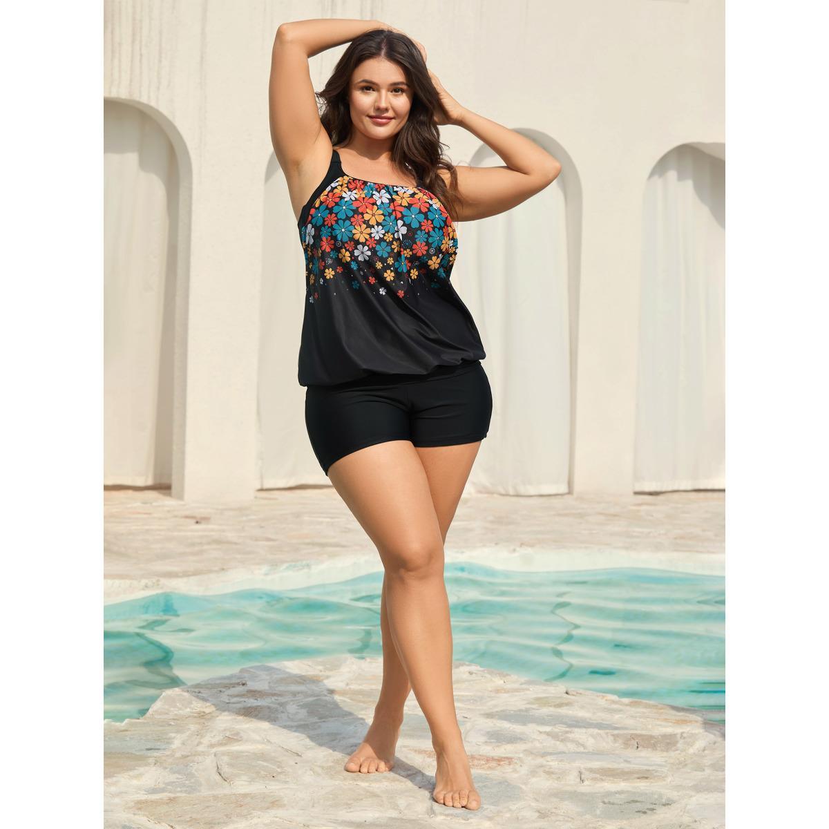 Plus Size Floral Print Cut-Out Swim Top Women's Swimwear Black Beach Patchwork High stretch Bodycon U-neck Curve Swim Tops BloomChic 14-16/1X Product Image