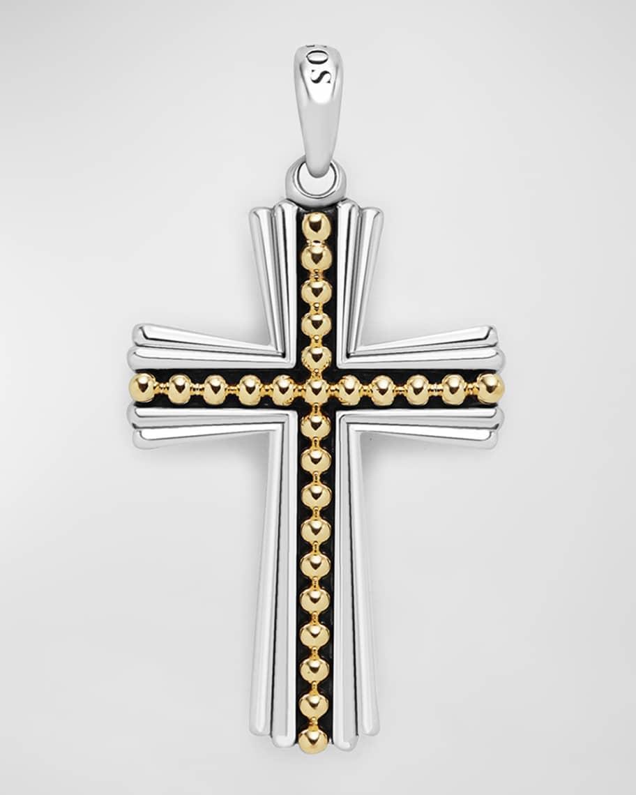 Lagos Mens 18K Yellow Gold & Sterling Silver Anthem Caviar Bead Cross Pendant - Exclusive Product Image