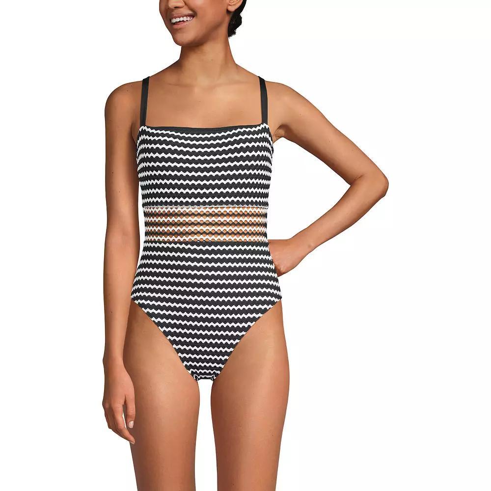 Women's Lands' End Crochet Square Neck High Leg One-Piece Swimsuit, Size: 4, Black White Product Image