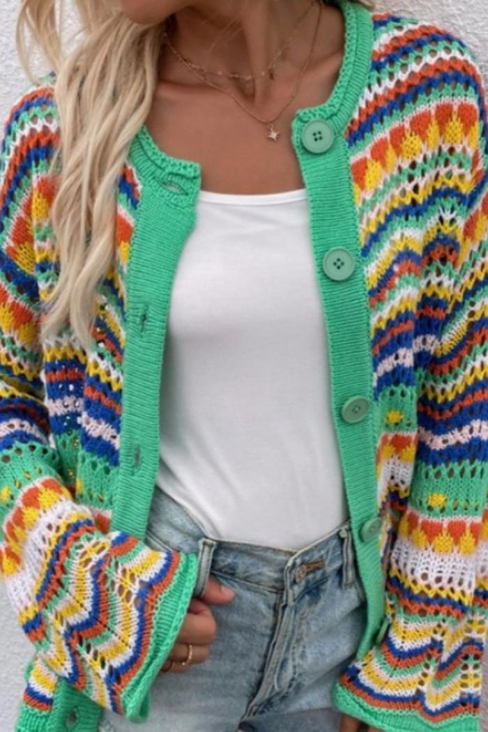 Striped Knit Cardigan Neck Flared Sleeve Button Sweater Product Image