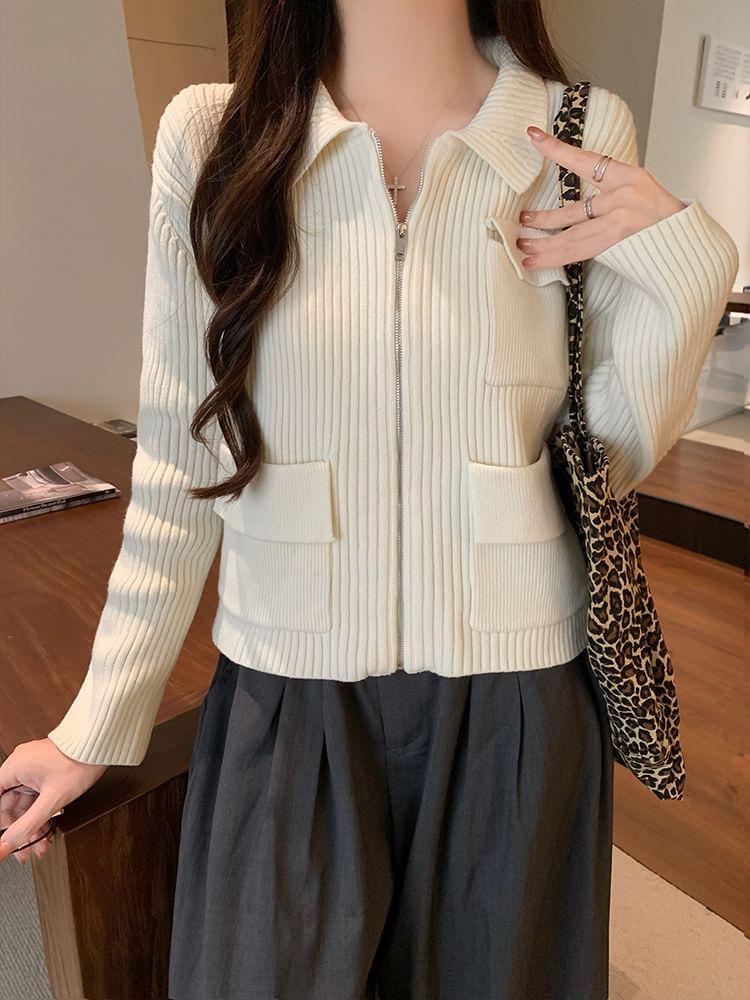 Long-Sleeve Collar Plain Ribbed Zip Knit Top Product Image