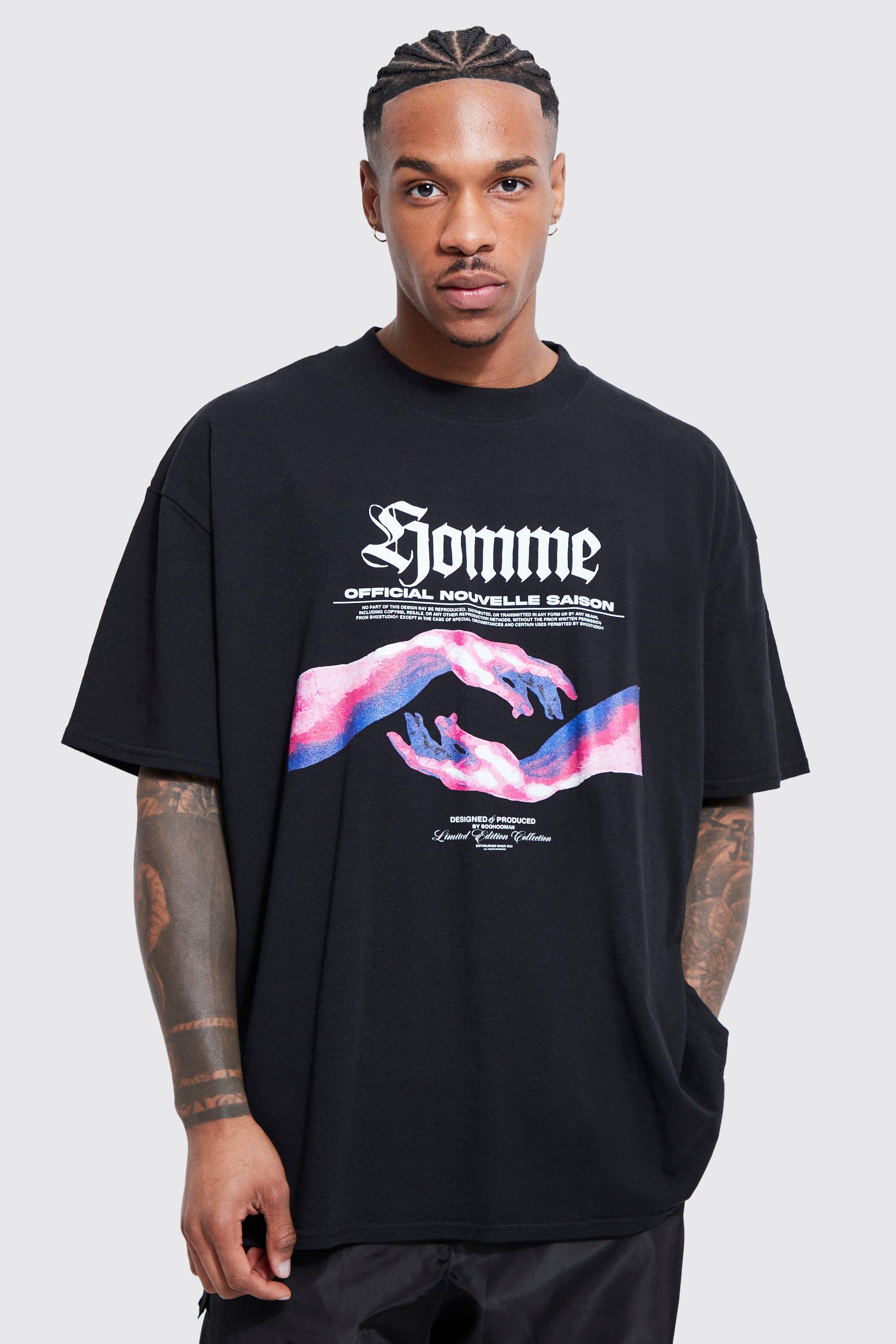 Mens Black Oversized Homme Graphic T-shirt, Black Product Image