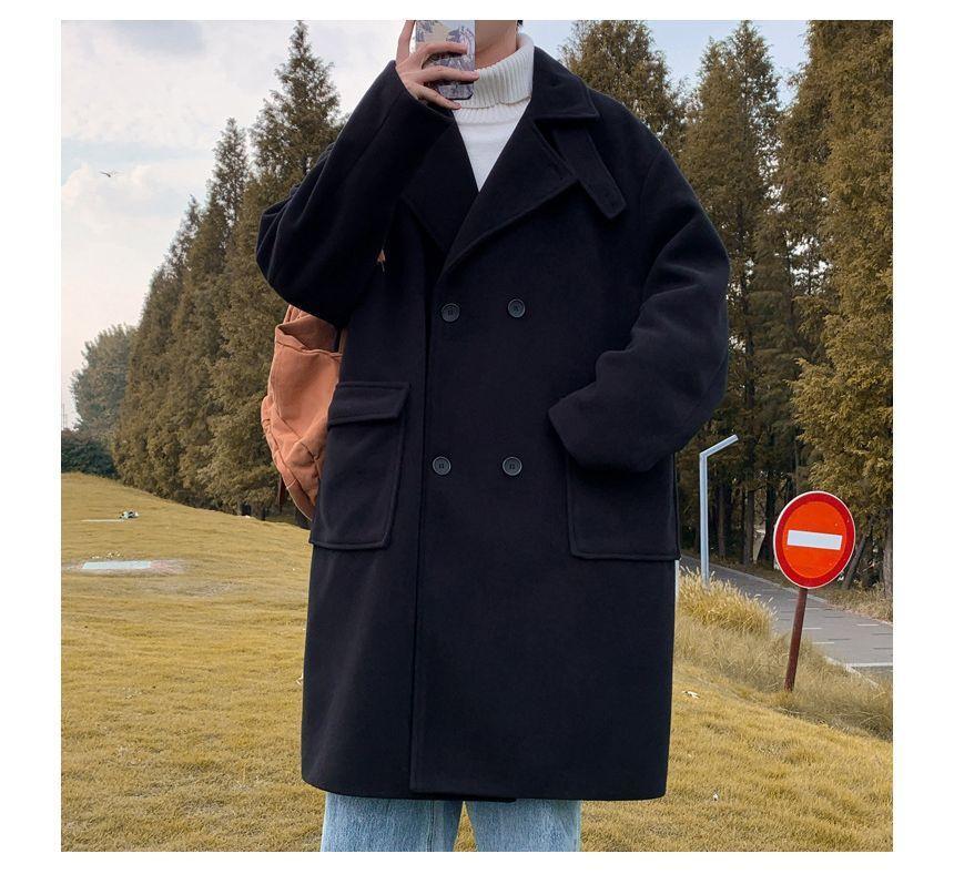 Long-Sleeve  Double-Breasted  Plain Woolen Coat Product Image