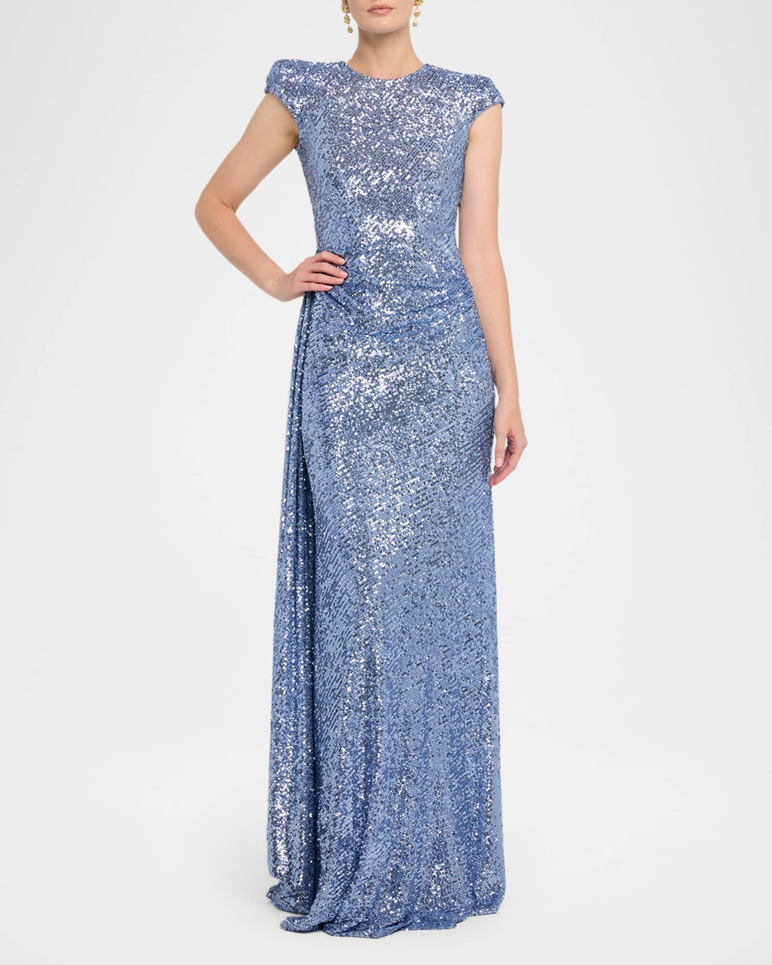 Draped Sequin Cap-Sleeve Gown Product Image