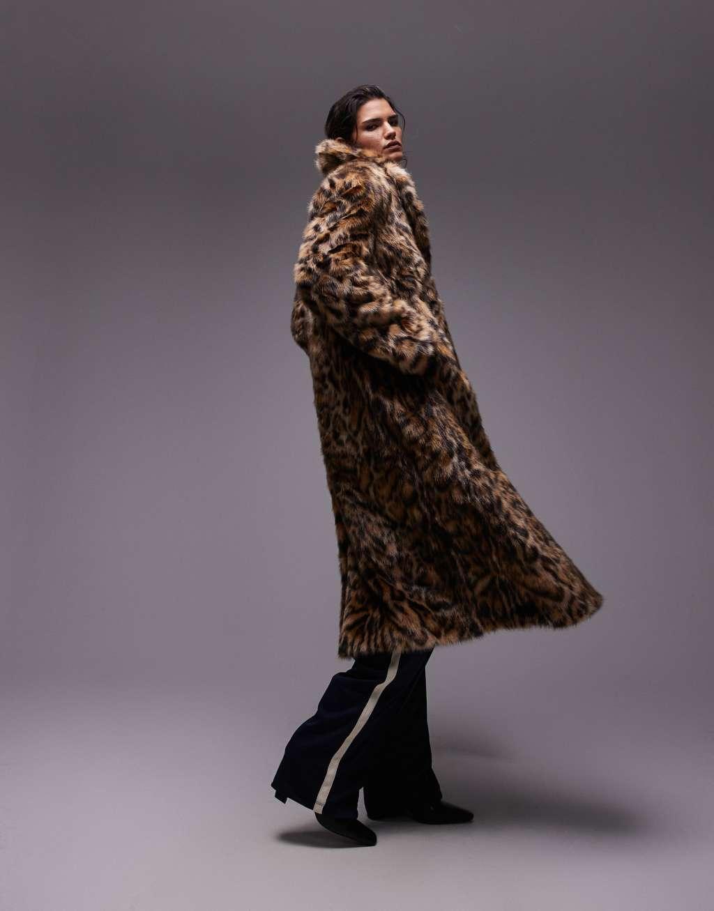 Topshop animal faux fur long coat in multi Product Image