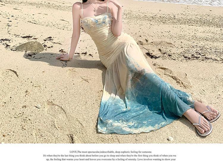 Spaghetti Strap Sea Print Floral Shirred Midi Mermaid Dress Product Image