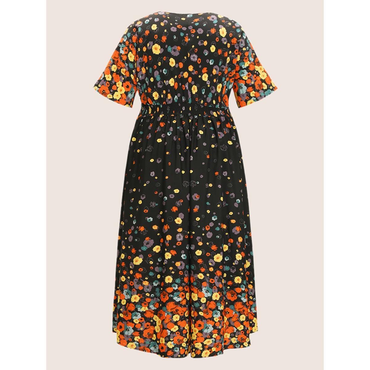 Plus Size Floral Printed Pocket V Neck Shirred Split Hem Dress Black Women Elegant Non V-neck Short sleeve Curvy Midi Dress BloomChic 18-20/2X Product Image