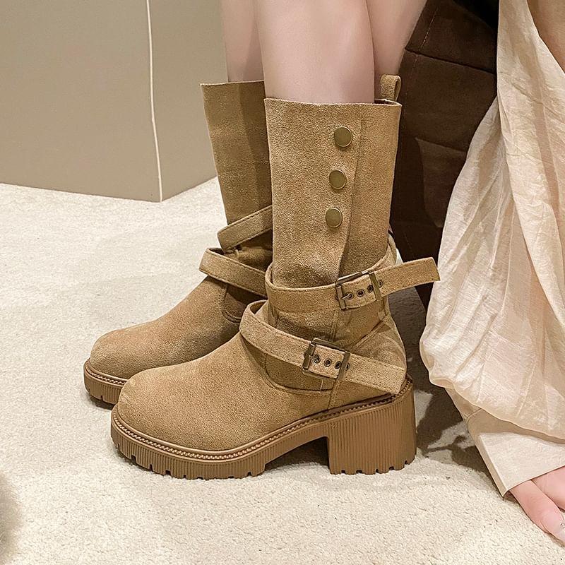 Faux Leather Buckled Platform Mid Calf Boots Product Image