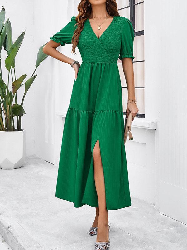 A-Line High Waisted Elasticity Pleated Solid Color Split-Joint V-Neck Midi Dresses Product Image