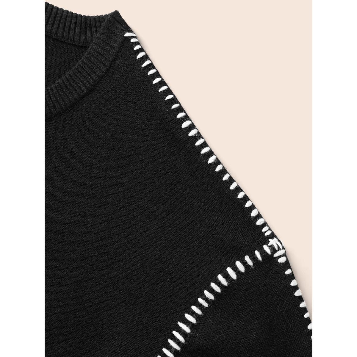 Plus Size Crew Neck Contrast Trim Drop Shoulder Pullover Black Women Casual Long Sleeve Round Neck Everyday Pullovers BloomChic 12/L Product Image
