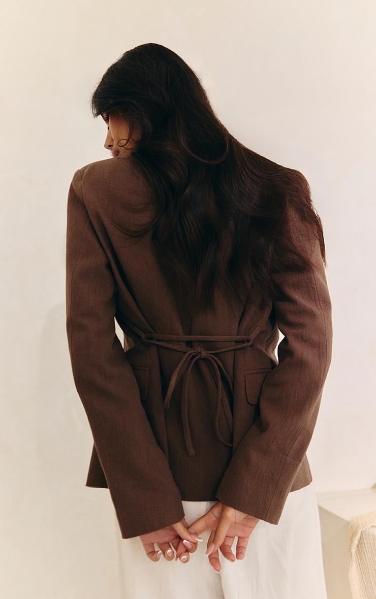  Mocha Linen Look Tie Waist Blazer Product Image