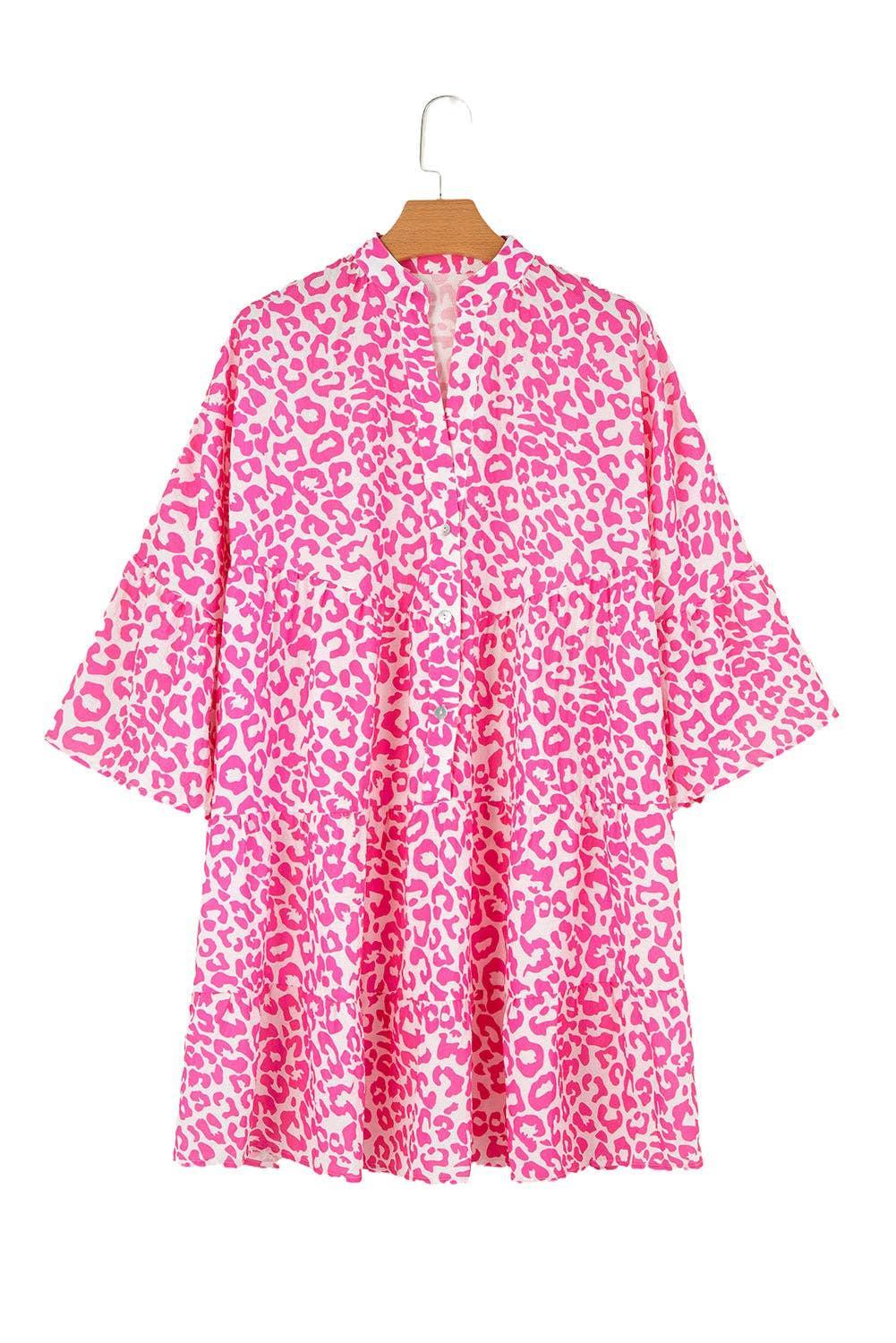 Leopard Long Sleeve Mini Dress: Bright Pink Product Image