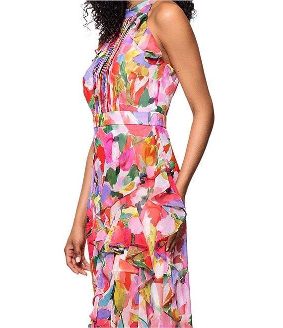 Betsy & Adam Chiffon Floral Print Halter Neck Sleeveless Pleated Ruffle A-Line Gown Product Image