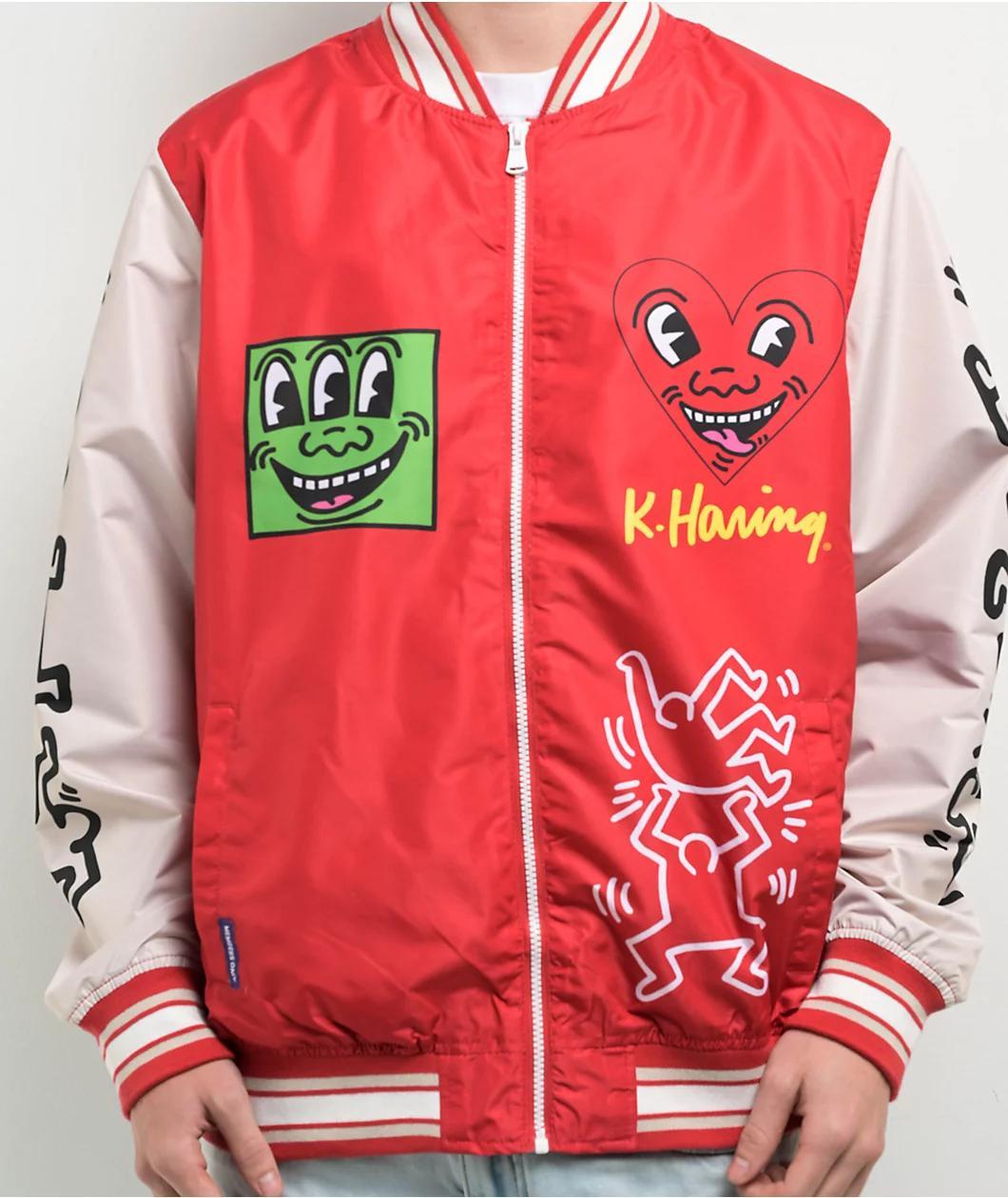 Members Only x Keith Haring Red & Cream Varsity Jacket Product Image